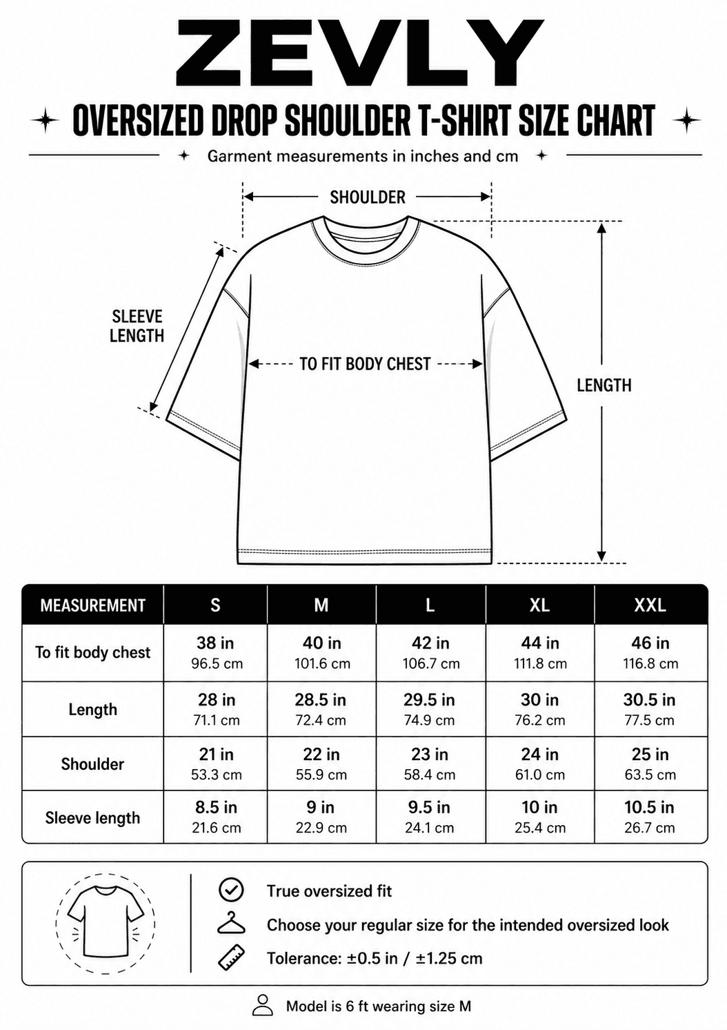 Official Zevly oversized drop shoulder T-shirt size chart